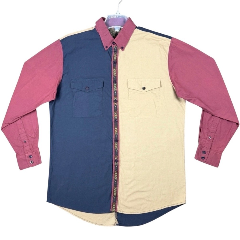 Spindle River Vtg Y2K Men's Large Blue Shirt Colorblock Southwestern Button Down
